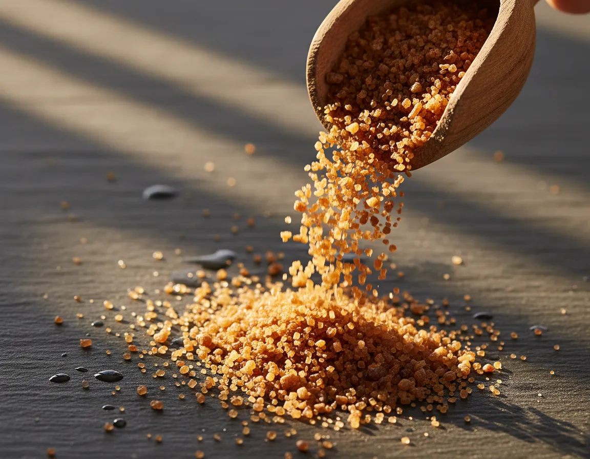 Organic coconut sugar pouring from a wooden scoop