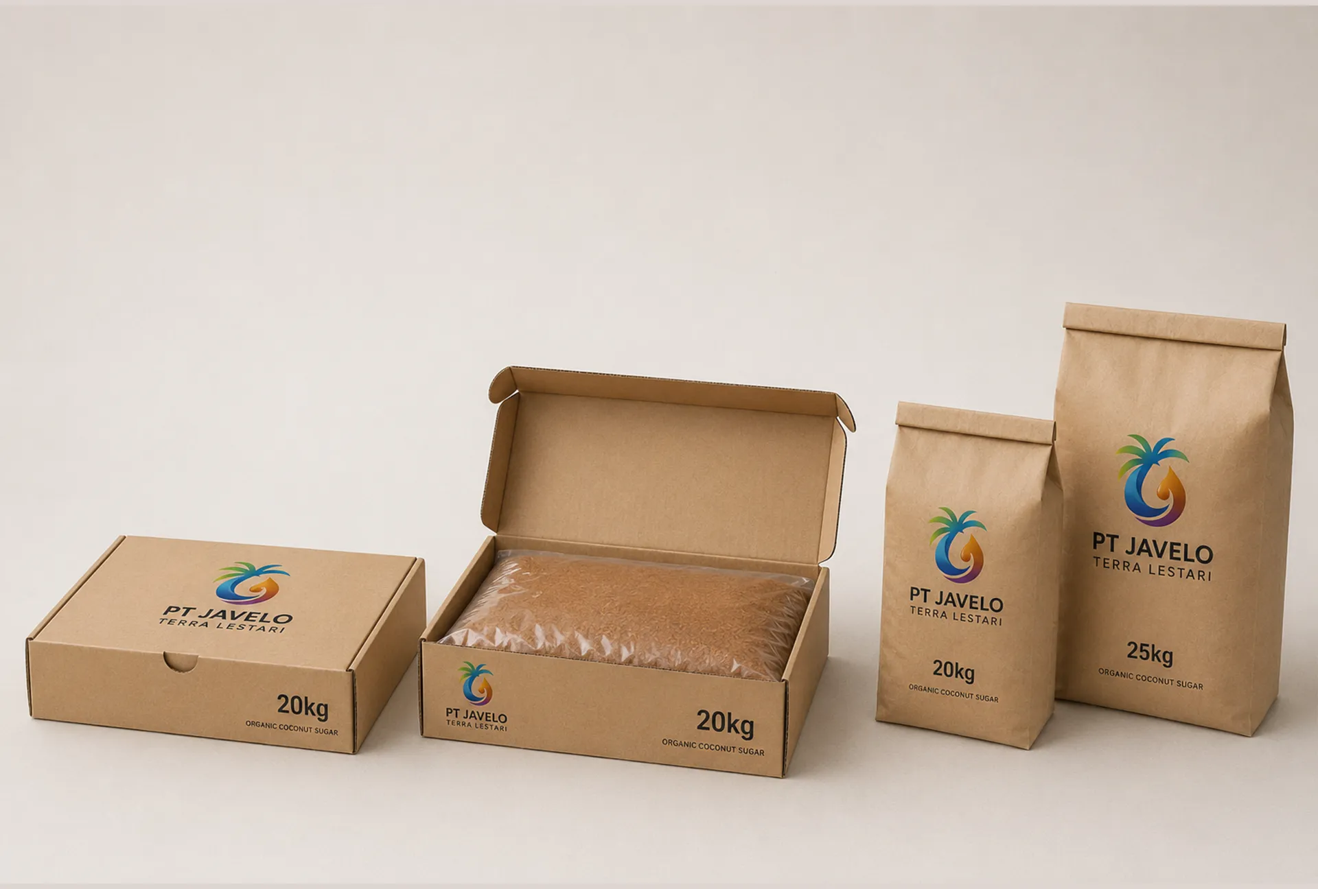 Carton boxes and paper sacks of Javelo bulk coconut sugar