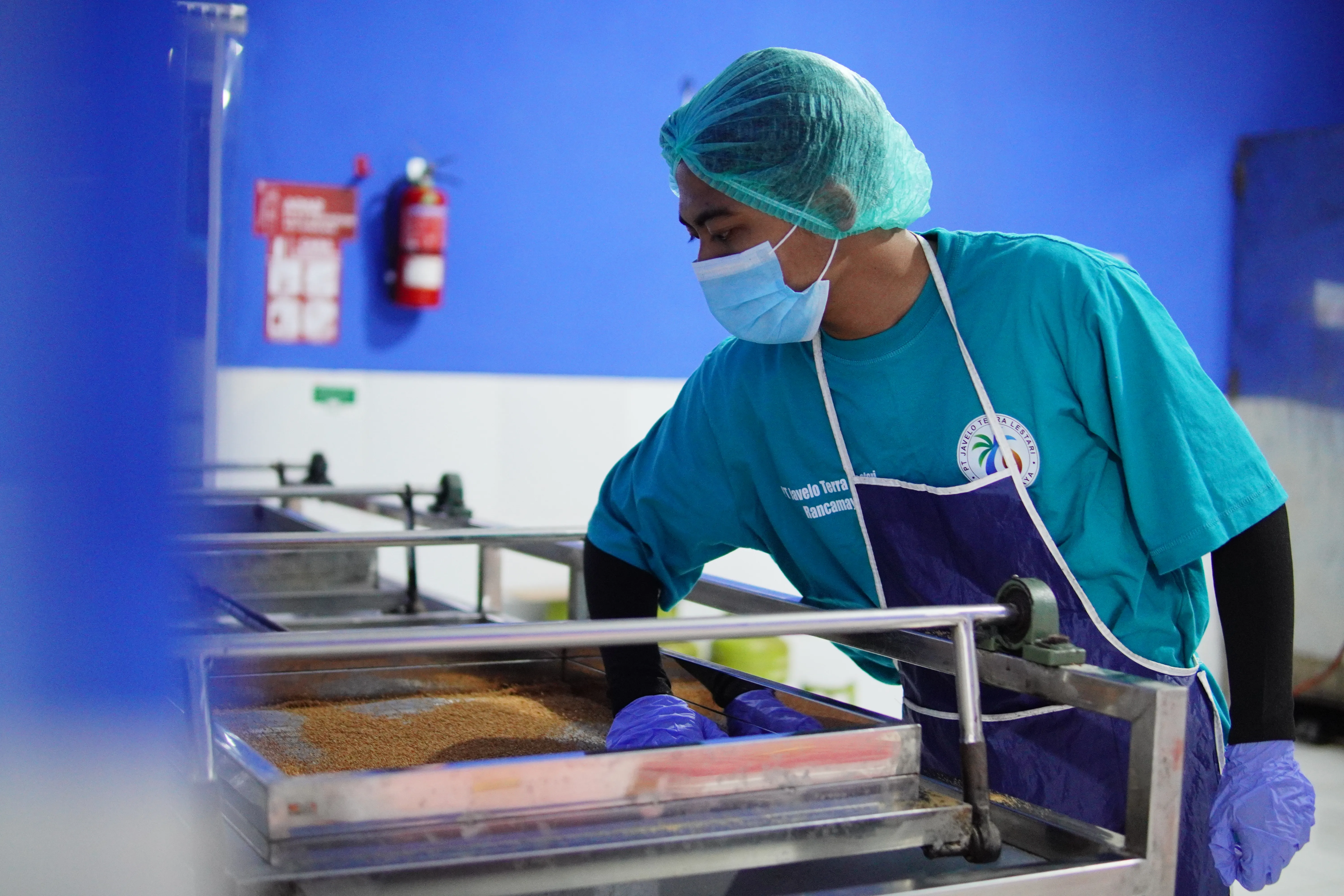 Operator packing organic coconut sugar in our manufacturing facility
