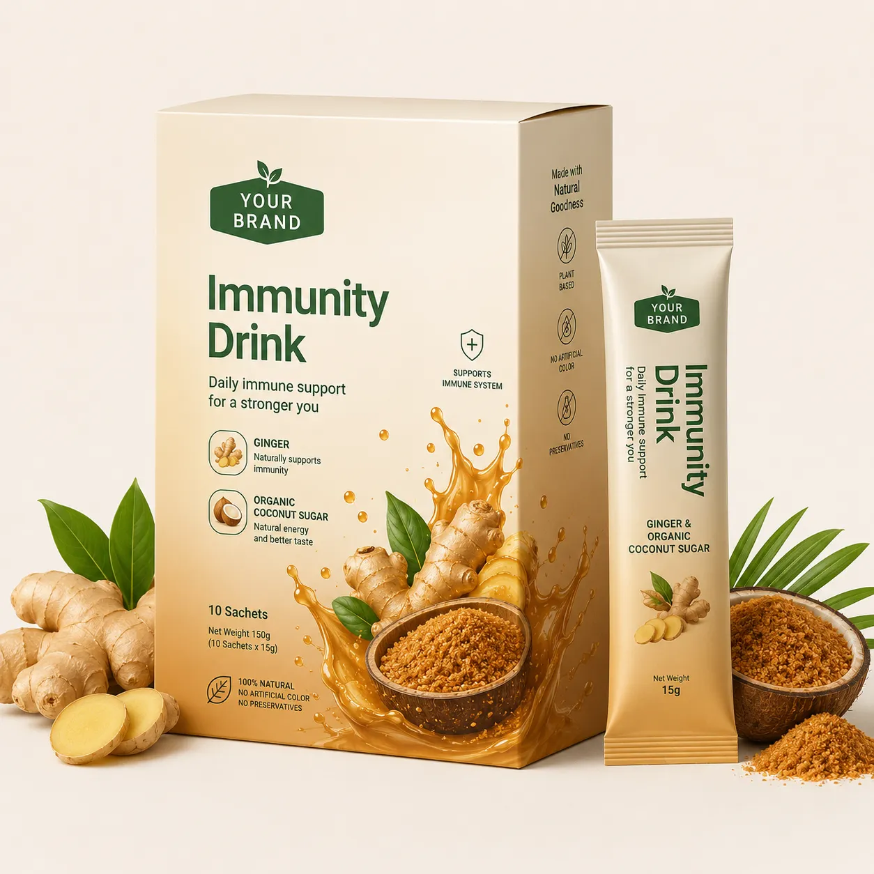 Organic coconut sugar latte in a box and sachet