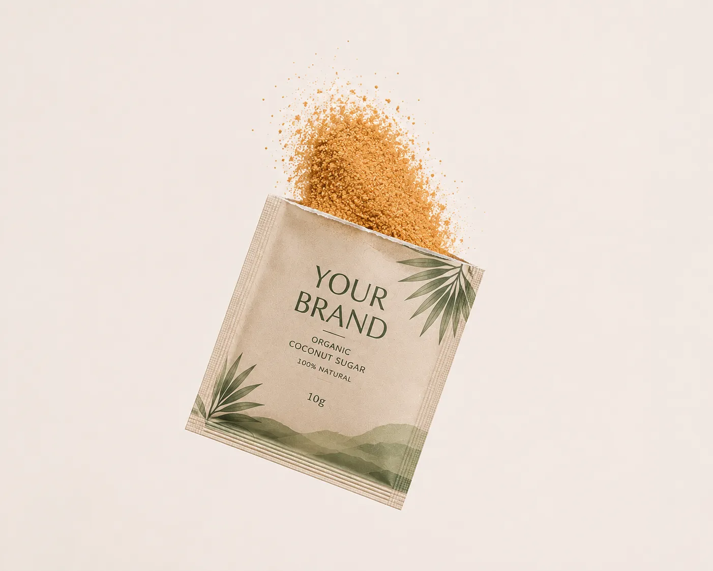 Powdered coconut sugar pouring out of a sachet